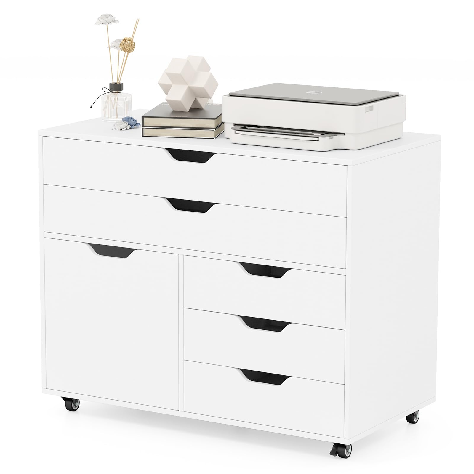 Giantex File Cabinet, Rolling Lateral Filing Cabinet with 2 Large Drawers, 3 Small Drawers, Wheels, Load 220 Lbs, Office Craft Storage Organization, Mobile Storage Organizer, Printer Stand