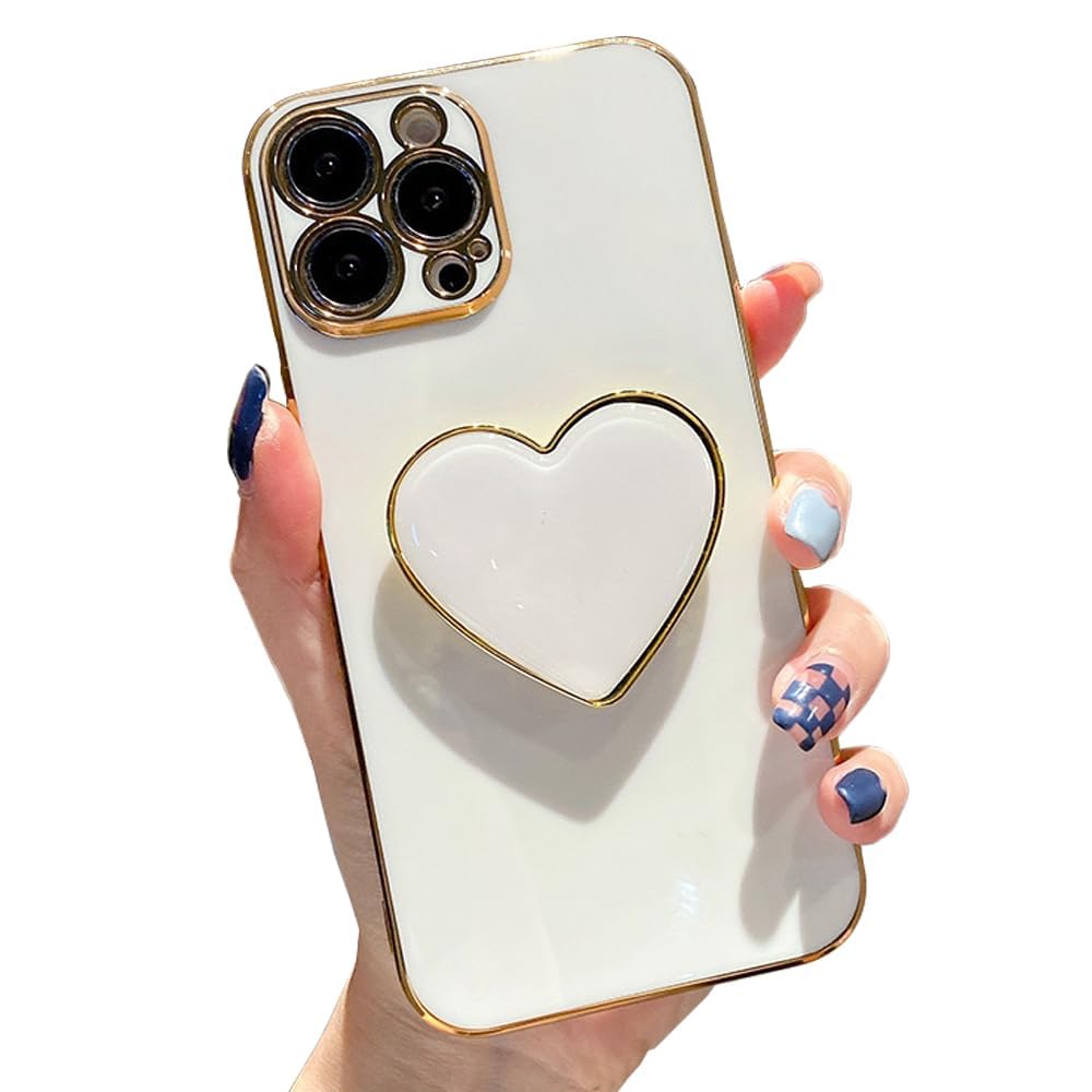 Compatible with iPhone 15 Pro Max Case with Heart Love Easy Grip Stand Kickstand, Luxury Plating Gold Soft TPU Bumper Protective Case for Girls Womens -6.7 inch (White)