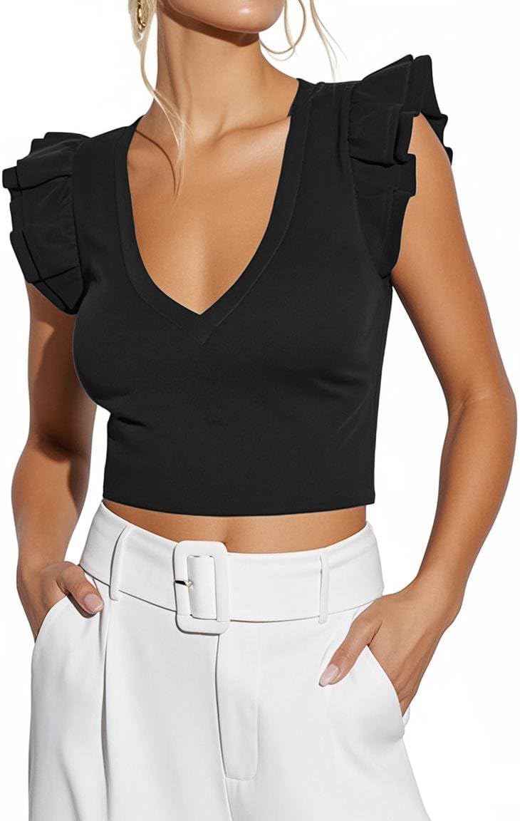 Ezbelle Women's Summer Shirts V Neck Crop Tops Ribbed Knit Tank Ruffle Sleeveless Top Sexy Blouse Ladies Clothes 2026
