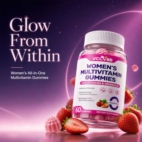 Image of All-in-One Women's Multivitamin Gummies with Complete Vitamin & Mineral Complex, Herbal Blends for Energy, Overall Health, High Potency Hair Skin and Nails Vitamins, Strawberry Flavor, 2 Pack