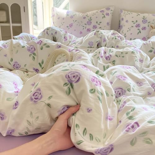 Image of Nayoroom Purple Floral Duvet Cover Queen Size Rose Flower Botanical Leaves Printed on White Duvet Cover 3 Pieces Soft Lightweight Microfiber Cottagecore Bedding Set