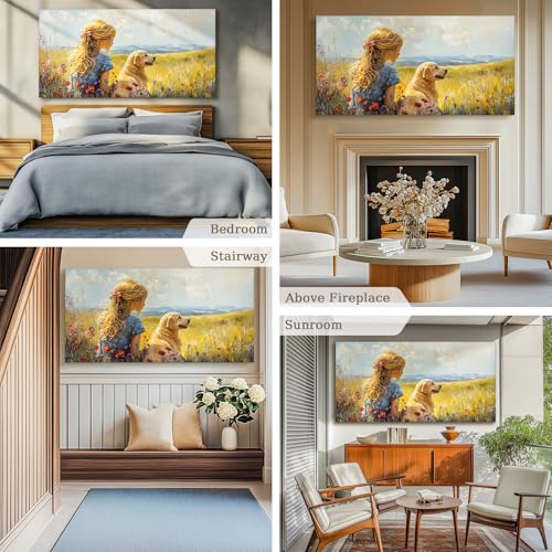 SERIMINO Portrait Animal Extra Large Wall Art, Meadow Landscape Wall Prints, Woman Golden Retriever Dog Canvas Paintings, Rustic Wall Decor Living Room Bedroom Dining Room Farmhouse Cottage 30"X60"