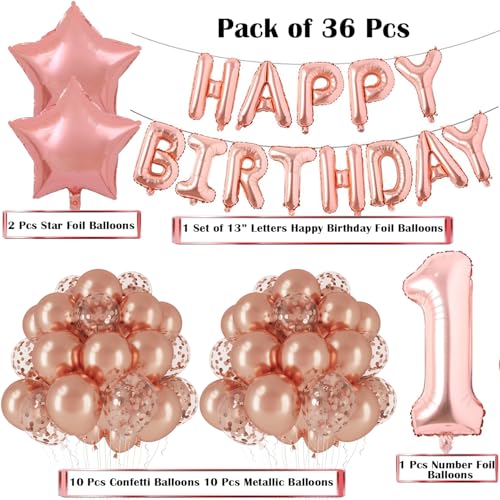 Image of Rozi Decoration Rose Gold Theme 1st Year Birthday Party Decor, First Decoration Items for Girl, Happy 1 Year Baby Girl Decoration Pack of 36 Pcs
