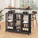 LVB Home Bar Unit, Modern Liquor Bar Table, Industrial Mini Bar Stand with Wine Rack and Storage Shelf, Wood Metal Indoor Coffee Bar Cabinet for Kitchen Living Dining Room Pub, Dark Gray Oak, 47 Inch