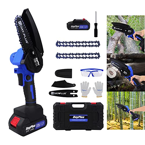 Mini Kettensäge Elektro Handkettensäge Akku 4 Zoll Schnurloses Elektrokettensäg mit Sicherheitsschloss und Führungsplatten, Elektrische Tragbarer Motorsäge Kit für Garten Holz (1 Batterien & 2 Ketten)