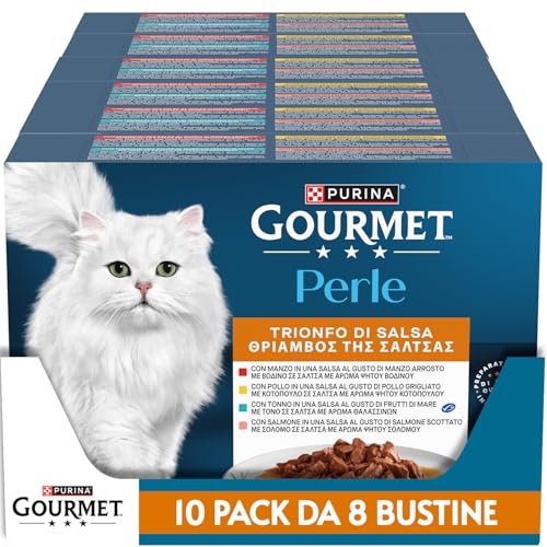 GOURMET Perle Cibo Umido per Gatti Adulti Bocconcini in Salsa con Manzo, Pollo, Tonno e Salmone - 80 Bustine da 85 g