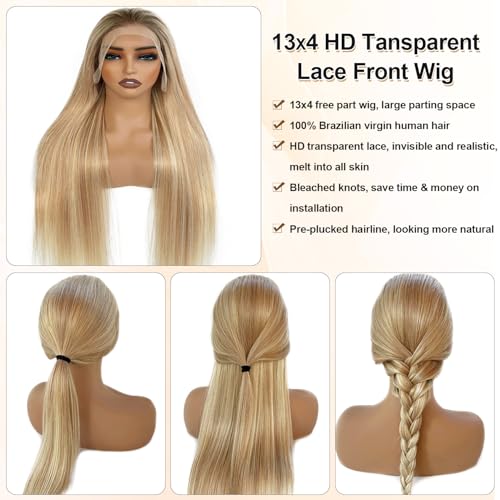 Image of Highlight Ombre 13x4 Lace Front Wig Human Hair 22 Inch Chocolate Brown to Bleach Blonde Highlights HD Transparent Lace Frontal Wigs Pre Plucked 180% Density Human Hair Lace Front Wigs for White Women