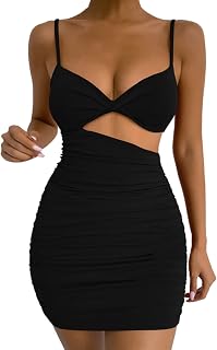 Women Sexy Bodycon Short Dress Hollow Spaghetti Strap Ruched Twist Front Wrap Hip Mini Dress Party Clubwear