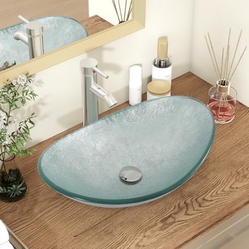 YU YUSING Lavabo de Cristal, Lavabo Ovalado con Juego deGrifo, para Baño, Cocina, Inodoro, Aseo, Moderno Color Plateado