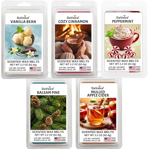 DaVoice USA Made Christmas Wax Melts Strong Scented Soy Wax Cubes for Warmers | Holiday Scents: Vanilla, Cinnamon, Peppermint, Pine, & Mulled Cider, Long Lasting Winter Wax Melts Variety Pack, 5 Pack