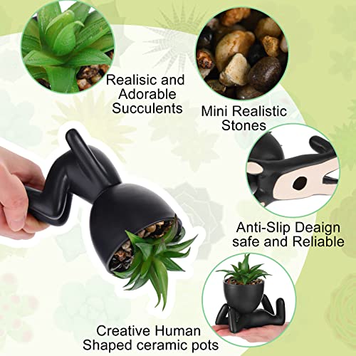 4 Pcs Cute Artificial Succulent Plants Mini Fake Succulent Ceramic Succulent Planters With Creative Human Shaped Cactus Pots Decorative Pots Mini Potted Succulents Decoration For Home Office (Black) #TOP4