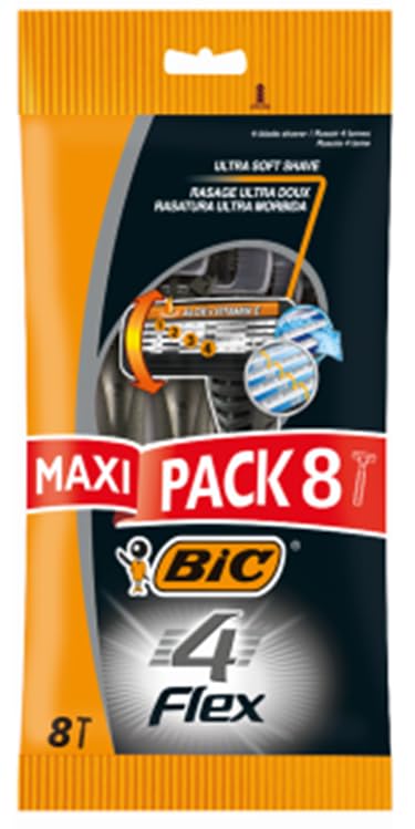 BIC Lot de 8 rasoirs jetables flexibles pour homme avec barre de protection en caoutchouc et bande émolliente