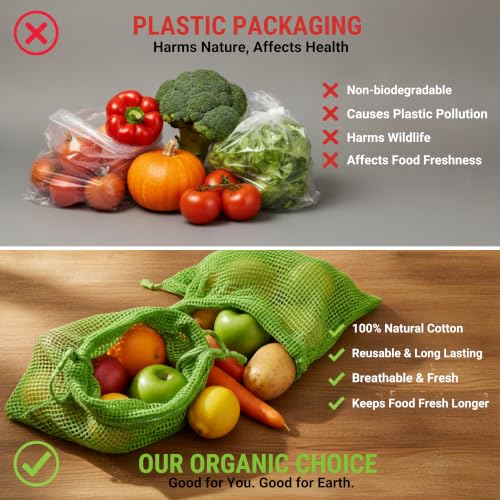 Image of Vegetable Bag for Fridge (6 pcs), Fridge Storage Containers with Drawstrings, 100% Cotton Vegetable Storage Bags for Refrigerator, Keeps Veggies Fresh Longer, Eco-Friendly Fridge Bag (Neem Green)