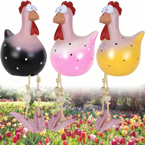 Tianher Huhn Deko Garten, 3 Pcs lustiges Hühner Harz Statue, Gartenstecker Huhn, Hühner Deko für Christmas, Terrassen- Garten- und Balkondekorationen