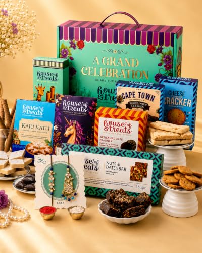 Image of HyperFoods Rakhi Gift Hamper for Bhaiya Bhabhi A Grand Celebration Box Rakhi with Kaju Katli, Chocolate, Wafer Rolls, Nuts & Date Bar,Cookies, cheese cracker snacks Dragees Sweets Gift Pack Chocolate Gift Pack Bhaiya Bhabhi Rakhi Gift Pack