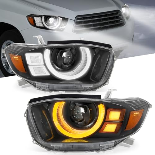 ELH 300% Brighter LED Projector Headlights Fit For 2008-2010 Toyota Highlander Head Lamps Assembly Black House with Amber-S