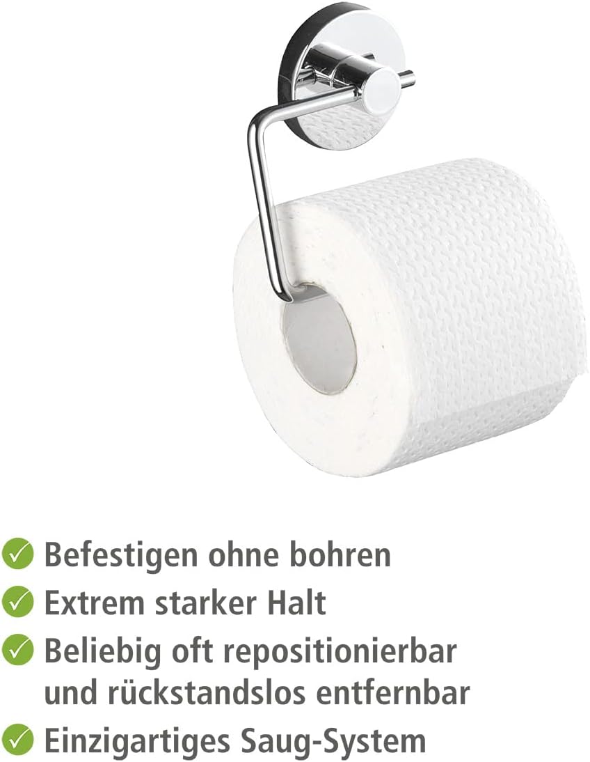 WENKO Milazzo Toilet Paper Holder Wall Mount with Vacuum-Loc Technology, No-Drill, Toilet Paper Roll Holder, Dispenser, Airtight Suction Effect, Iron Steel, 5.3 x 6.3 x 6.9 inch