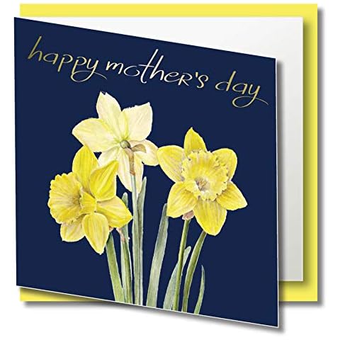 Mother's Day Greeting Card - Happy Mothers Day - Yellow Daffodil Flowers - Pale Gold foil Text on Navy Background - Blank Inside - Floral Watercolour Art (Modern BoldText) Cover