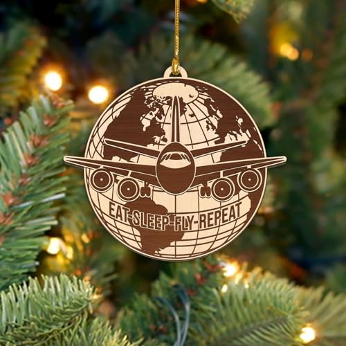 Eat Sleep Fly Repeat Airplane Ornament – 2025 Wooden Travel