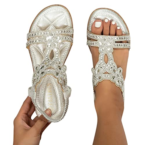 ZBYY Womens Flats Sandals Bohemia Rhinestone Open Toe Elastic Ankle Strap Sandals Summer Comfortable Beach Shoes Sandals