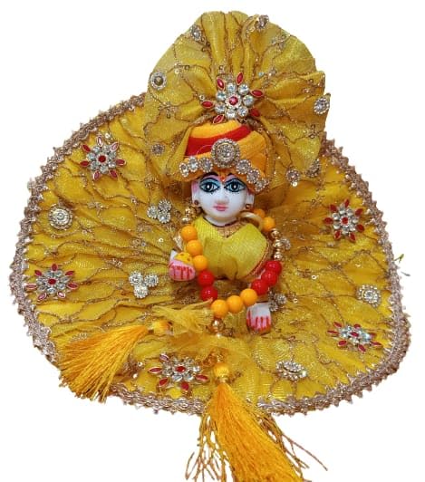 Poshak Dham Bal Gopal Krishna Laddu/Ladoo Gopal ji ki Poshak Fancy Designer Soft Net Dress Set of 4, Poshak, Choli, Patka and Pagdi (Yellow Colour, Idol Size 6)