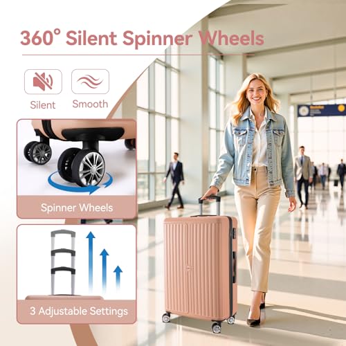 Image of Hoteel Luggage Sets 3 Piece, 4-Yr Warranty Durable Suitcase Dual-Spinner Wheel TSA Lock, Lightweight Travel Hardshell ABS Carry on Luggage for Men&Women, Pink(20in /DB /TB)