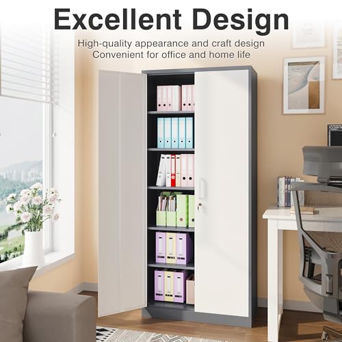 Image of Metal Storage Cabinet with 2 Doors and 6 Shelves,Gray White Metal Cabinet with Lock,71 inch Lockable Garage Storage Cabinets,Locking File Cabinet,Steel Tool Cabinets for Home,Office,Garage,Shop,School