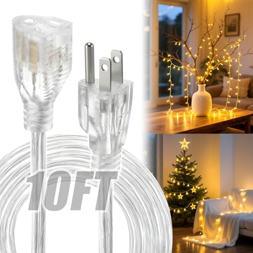 3 Prong Clear Extension Cord - 10 FT Male to Female Invisible Indoor Power Cable, UL-Certified, 3 x...