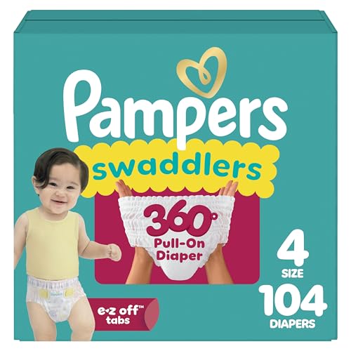 Image of Pampers Diapers - Swaddlers 360° - Size 4, 104 Count, up to 100% Leakproof Comfy Dry Fit, Designed for Easy Changes, Pull On Baby Diaper (Packaging May Vary)