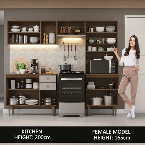 Image of Madesa Compact Kitchen Set with Cabinets, Ample Storage 235 Cm Wide with Multiple Compartments, 10 niches, 2 Drawers - Brown /Beige