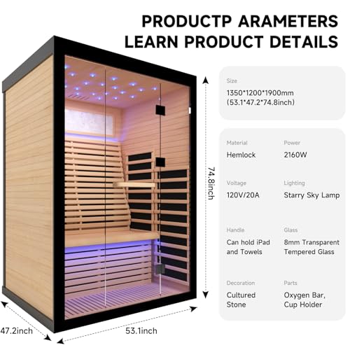 Image of OUTEXER Sauna for 2 Person Far Infrared Saunas 2100W 120V Room Home Canadian Hemlock Indoor Low-EMF Dry Saunas with with Oxygen Bar 7 Color Light 53.1 * 47.2 * 74.8inch