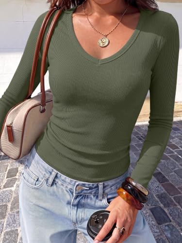 Image of ANRABESS Long Sleeve Shirts for Women Fall V Neck Slim Fit Tops Basic Tee