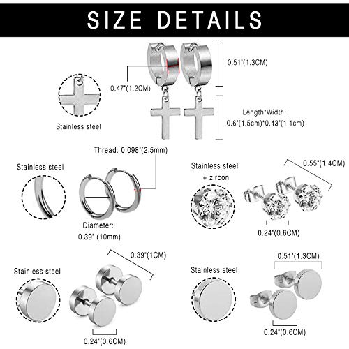 15 Pairs Stud Earrings Dangle Hinged Hoop Earrings Set For Men Women Stainless Steel Huggie Earring Set,Silver,Gold,Black #TOP1