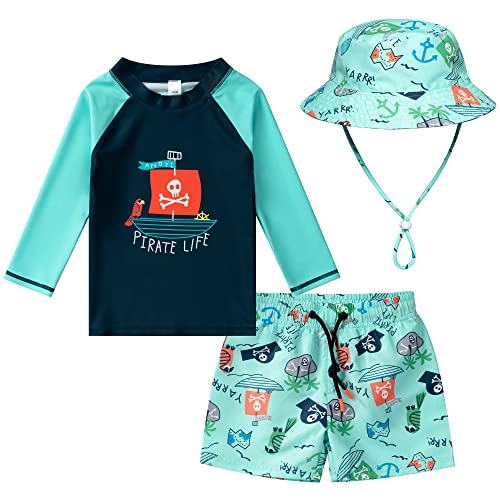 Image of Tunoluker Toddlers Baby Boys' 3-Piece Rashguard Sets Swimsuits Bathing Suit with Hat Surfing Swimwear Sunsuit UPF 50+