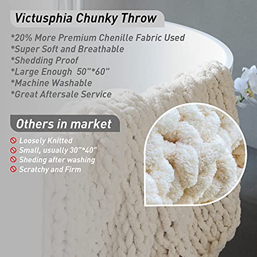 Victusphia Chunky Knit Blanket Throw Chenille Knitted Yarn Throw Blanket For Couch & Bed Fall Decor Large Soft Comfy Cable Blankets & Throws Beige Cream 50"X60" #TOP4