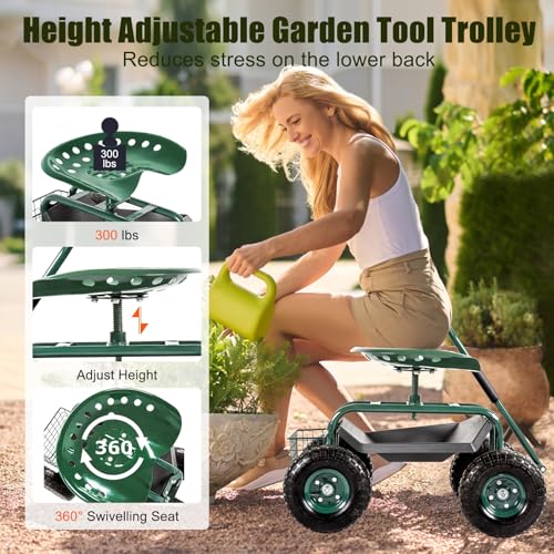 Kinsuite Garden Cart Rolling Work Seat Outdoor Utility Lawn Yard Patio Wagon Scooter for Planting Adjustable 360 Degree Swivel Seat Green