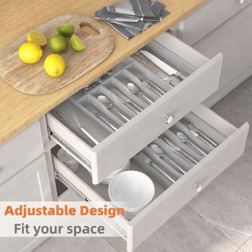Image of Expandable Cutlery Organizer for Kitchen Drawer | Adjustable Utensil, Spoon, Fork, Spatula, Knife Storage Plastic Divider Tray 8 Compartments | BPA Free - Grey