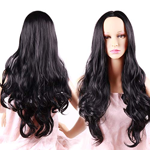 2020 New Natural Black Long Wavy Synthetic Wigs, Middle Part Natural Looking Heat Resistant Synthetic Wigs Body Wave For Women Cosplay Daily Party