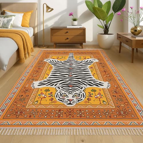 Image of LUXE HOME INTERNATIONAL Polyester White Tiger Design Carpets with Tassel Latex Backing Carpet for Hall, Living Room, Floor Rug, Bedroom Area Rug (3x5ft Multi)