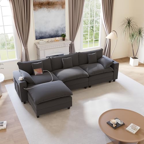 Image of KCGKCG 116 inch Modular Sectional Couch, L Shaped Cloud Couch with Movable Ottoman, Deep Seat Cloud Sofa with Charging Station, Cup Holder, Side Pocket, Chenille Sectional Couches for Living Room, Grey