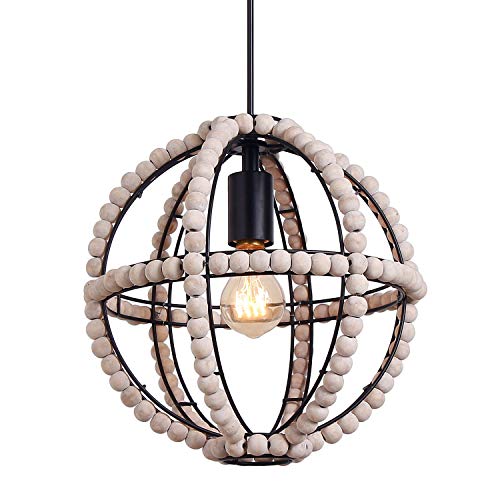 Exclusive Wood Bead Chandelier Pendant Lamp, Modern Wood Bead Chandelier Ceiling Fixtures-1 Lights (Bulb not Include), Industrial Metal Ring Frame Ceiling Lamp Kitchen Island Vintage Hanging Light Fixtures