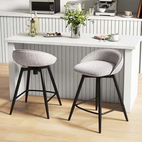 Butacos Giratorios GIANTEX, Juego de 2, Altura de Barra 25", con Reposapiés, Espalda Baja y Estructura de Metal, Tapizados en Tela de Lino para Isla de Cocina, Café y Pub, Gris miniatura 2