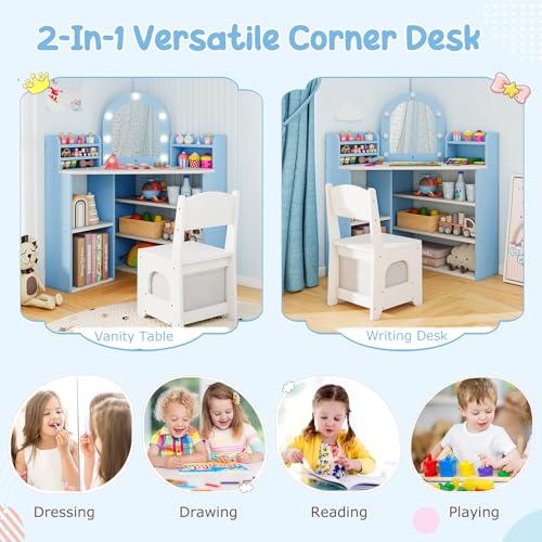 Image of Costzon Kids Vanity with Lights, Corner Vanity Desk with Mirror, Storage Shelves, Wooden Princess Toddler Makeup Dressing Table, Kids Vanity Table and Chair Set for Little Girls (Blue)