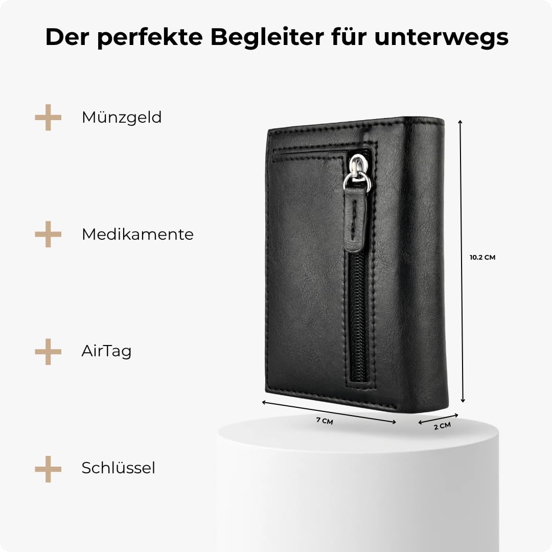 Premium Smart Wallet mit Münzfach - Geldbörse mit RFID Schutz für 12 Karten - Slim Wallet Herren und Damen - Kartenetui - Kleine Portemonnaie - Expedition Schwarz