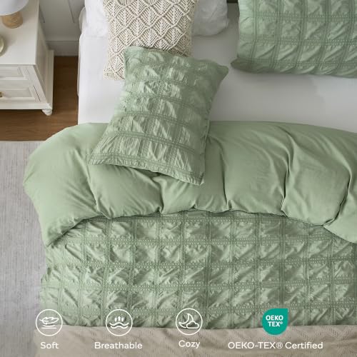 Image of JELLYMONI Seersucker Duvet Cover Set Full, 3pcs Light Green-Grid Polyester | In Guest Room & Studio, Single Upgrades Pick, Crinkled Texture, Oeko-Tex Certified, 8 Corner Ties & Hidden Zipper
