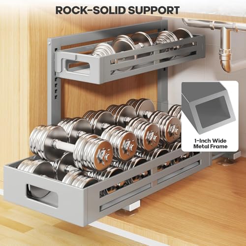 Image of 2 Pack 21IN-Depth Under Sink Organizer,Pull Out Cabinet Organizer With Smooth Cylindrical Rail,Metal Slide Out Drawer for Kitchen Bathroom Laundry,8-Level Tool Free Height Adjustable-Gun Gray
