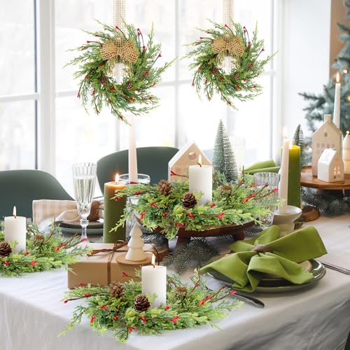 Image of 12 Pcs Artificial Christmas Candle Rings 9 Inch Cedar Pine Garland Wreaths with Red Berries Pinecones Wreaths Pine Needles Candle Ring Holder for Christmas Winter Decorations Table Centerpiece