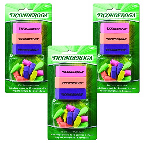 Ticonderoga Office and School Eraser Combination Set, 15 Eraser Multi-Pack, Multicolored (38931)(3Pack)