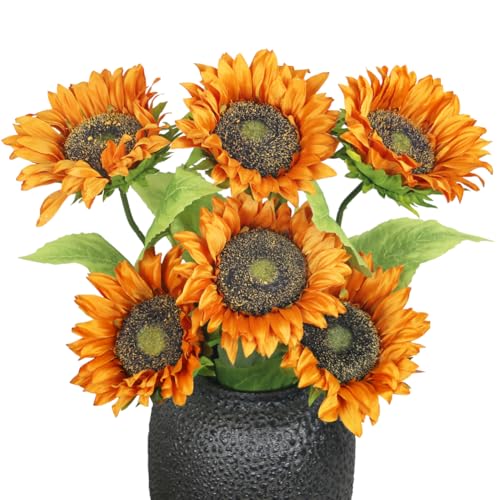 Olrla Lote de 6 girasoles artificiales de tallo largo simples, en seda naranja para arreglos florales, decoración de primavera, centro de mesa para oficina en casa (sin jarrón)