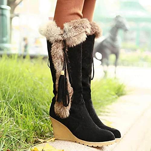 Hbeylia High Heels Fuzzy Winter Snow Boots For Women Fashion Casual Boho Suede Tassels Pluffy Fur Thermal Wide Calf Boots Bohemian Furry Fringe Lace Up Warm Dress Tall Boots For Ladies Girls Christmas2